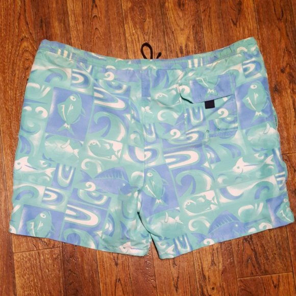 Vineyard Vines Mens Size XL Lined Swim Trunks Mint Green Blue Fish Themed *STAIN - Picture 2 of 4